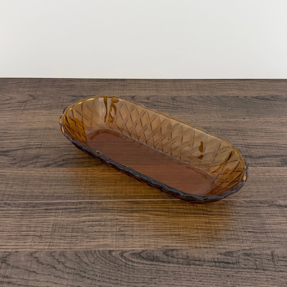 Vintage Indiana Amber Pressed Glass MCM Oval Diamond Pattern Platter Tray Dish